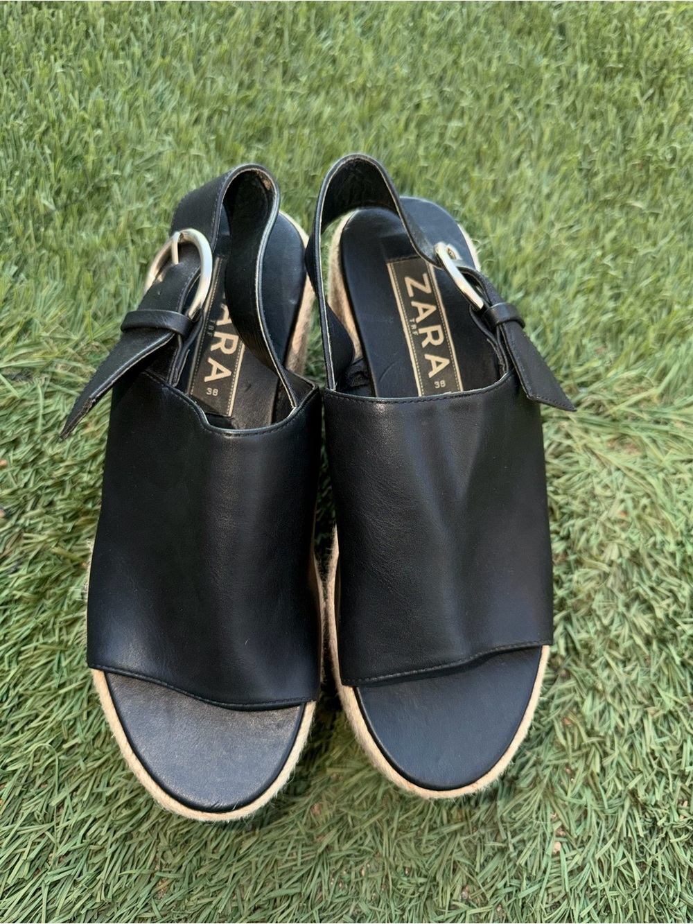 Zara Black Leather Open-Toe Wedge Sandals with Buckle